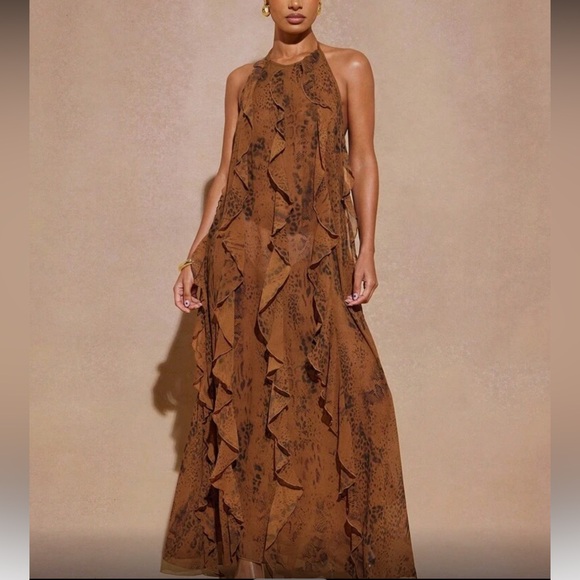 Elegant Brown Leopard Print Ruffles Halter Maxi Dress - Picture 3 of 8
